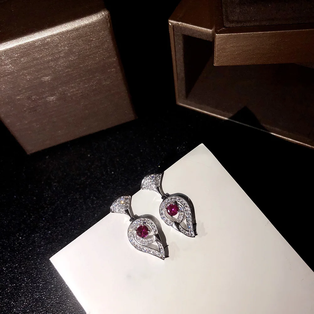 

New Pure 925 Sterling Silver Fashion Inlaid Red zircon skirt Earrings For Women Party Daily Jewelry color Luxurious Earring