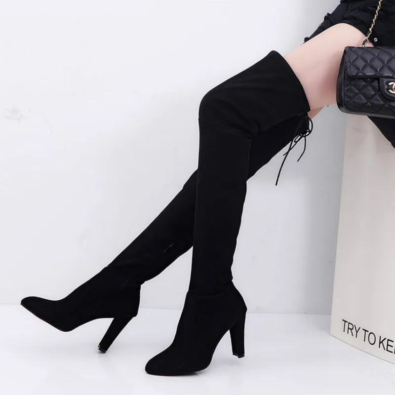 LZJ/ г. Новые Замшевые женские ботфорты выше колена пикантная женская обувь на высоком каблуке со шнуровкой зимние ботинки на шнуровке теплая обувь, размер 34-43