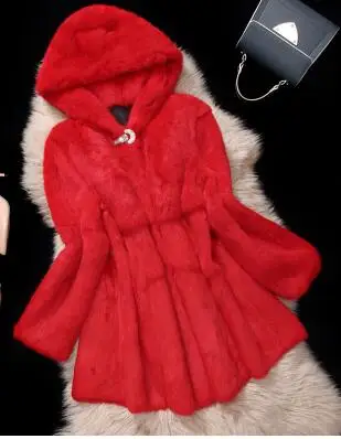 Пальто свободного кроя с капюшоном из натурального кроличьего меха, Женское пальто с кристаллами и длинным рукавом, теплая зимняя куртка из натурального меха, Женское пальто - Цвет: red