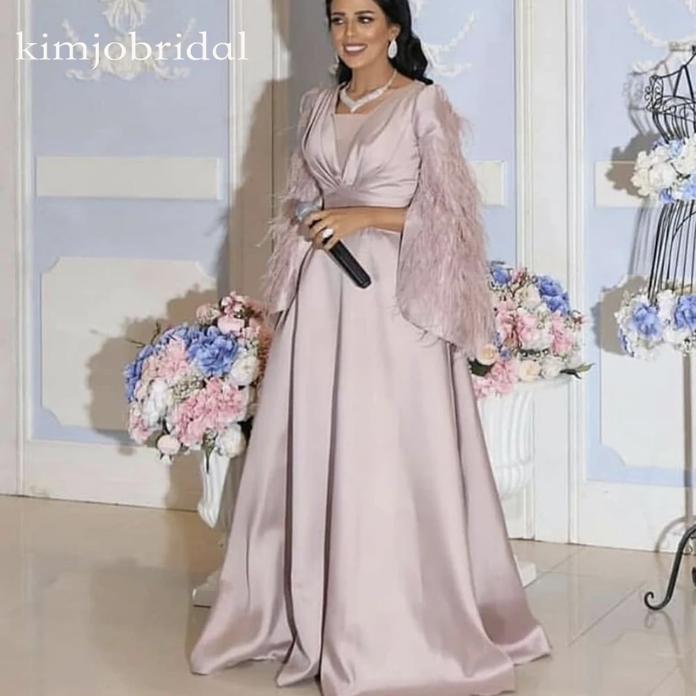 

satin prom dresses 2019 long sleeve feather evening dresses long dusty pink evening gowns galajurken
