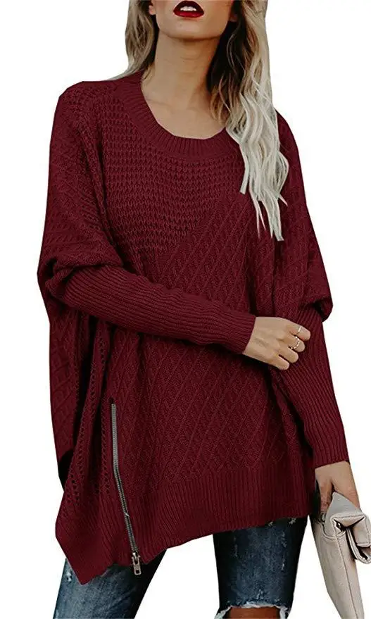 Сексуальный женский свитер, осенний и зимний, с боковой разрезной молнией, негабаритный, в рубчик, пушистый свитер, вязаный, с открытыми плечами, теплый свитер для женщин - Цвет: wine red