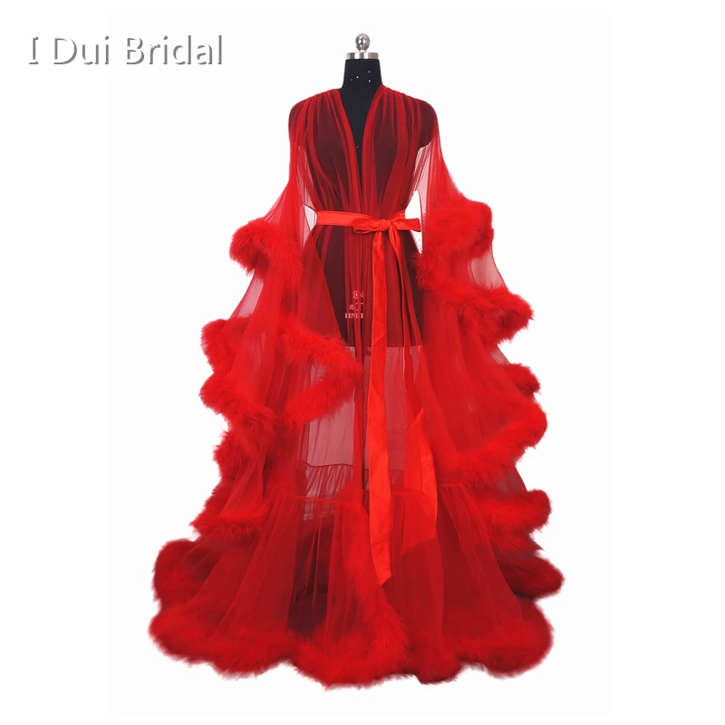 Feather Tulle Illusion Evening Dress Party Gown School Dance Dress Long Sleeve Robe Scarf Dressing Gown