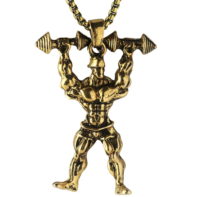 Strong Man Dumbbell Pendant Necklace Stainless Steel Gold Color Chain