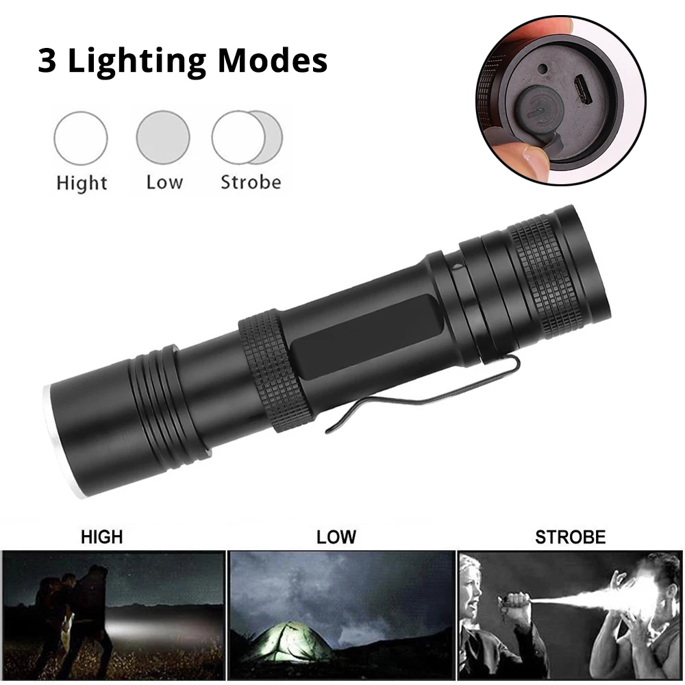 Powerful XHP50 LED Flashlight USB Charging 3 Lighting Mode Waterproof Tactical Torch Support Zoom Using 18650 or 26650 Battery