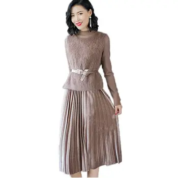 

High Qiality Autumn Winter Women Tracksuit Ensemble Femme Sleeveless Tops And Pleated Dress Suit Female Slim Two Piece Set F176