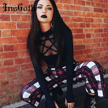 InsGoth женский черный короткий топ с длинным рукавом, готический пентаграмма, открытая повязка, облегающий женский топ, осенняя уличная мода, футболки