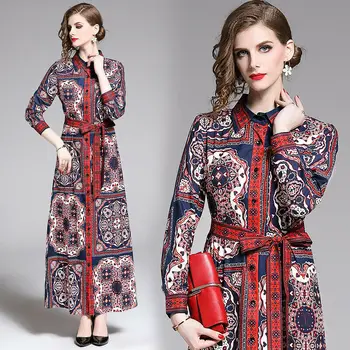 

womens woman ladies Designer Vintage Floral runway shirt style belt slim long maxi party Casual dress clothes clothing for women