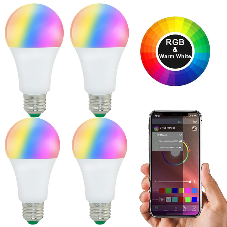 4 шт. E27 светодиодный умный светильник Bluetooth B22 RGB светодиодный светильник 20 Режим 15 Вт RGBW RGBWW умный светильник беспроводной контроль применяется к IOS/Android