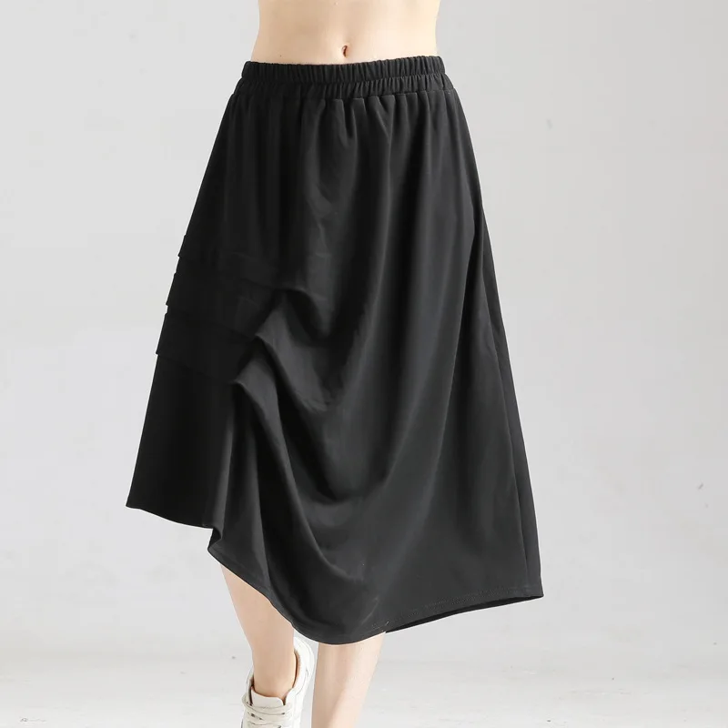 Женские Асимметричные плиссированные юбки с эластичной резинкой на талии, большие размеры, одноцветные юбки для элегантных девушек, Дамская Черная повседневная юбка, тонкий тип