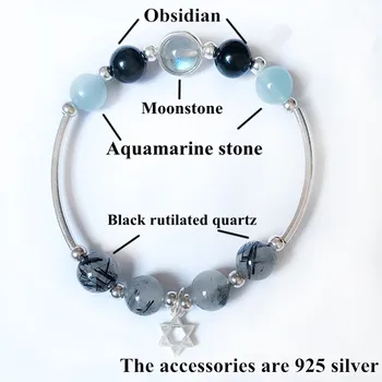 

Natural Stone Bracelet For Wealth Bangle Bracelets For Women Jewelry Black Rutilated Quartz Moonstone Six-star