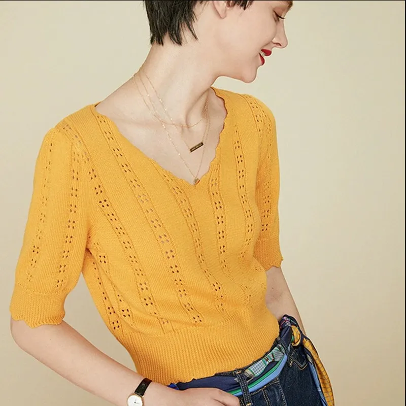 BARESKIY2019 new spring half sleeve solid color women's knit casual short-sleeved shirt V-neck slim stretch women's sweater BARESKIY2019 new spring half sleeve solid color women's knit casual short-sleeved shirt V-neck slim stretch women's sweater