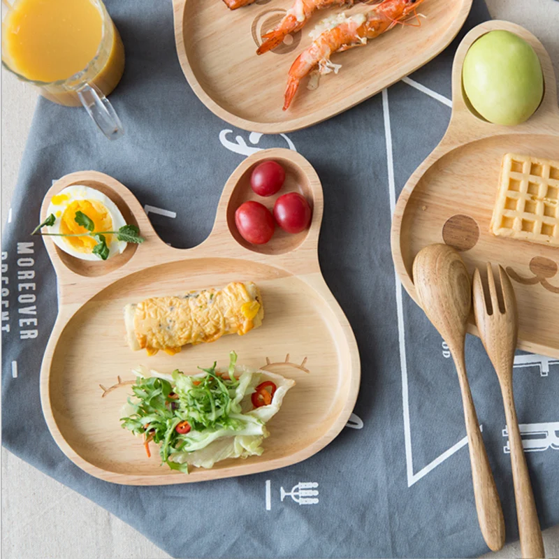 Wooden Platter Rabbit Food Dish Kids Toddler Feeding Plate Dinner Tray Tableware