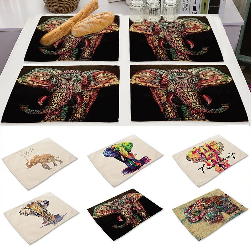 

Colored Elephants Mandala Bohemian Dinner Cotton Linen Mat Placemat Europe Kitchen Tableware Pad Coffee Tea Placemat