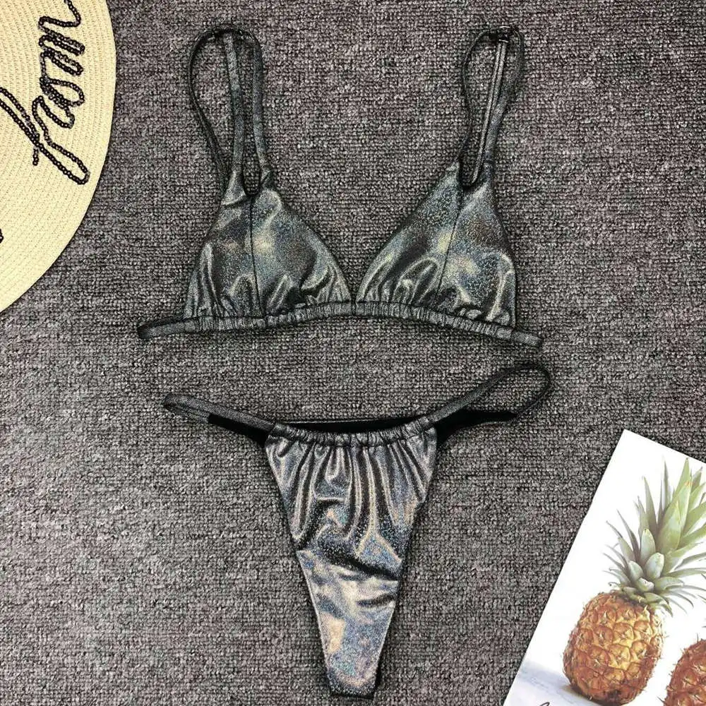 

Beach Wear Shiny Silver Bikini Set Biquini Sexy Micro Thong Swimsuits Bandage Swimwear Women Padded Push Up 2019 Bathing Suit