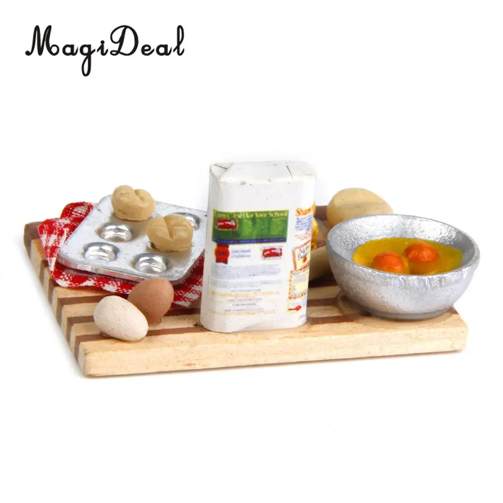 MagiDeal Colorful 1Set 1/12 Dollhouse Miniature Kitchen Food Eggs Milk Bread on Board for Kids Role Play Game Tableware Cookware