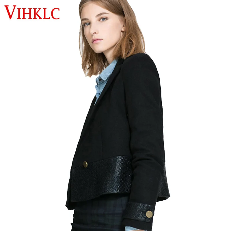 

Casaco Feminino 2017 New Fashion Women Wool Jacket Slim One Button PU Stitching Lapel Coat High Quality Women Coat Jacket D33
