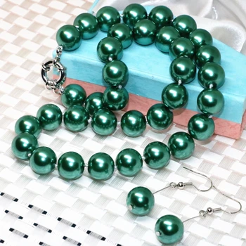 

Factory price original design peacock green simulated-pearl shell necklace earrings 12mm round beads jewelry sets 18inch B2322