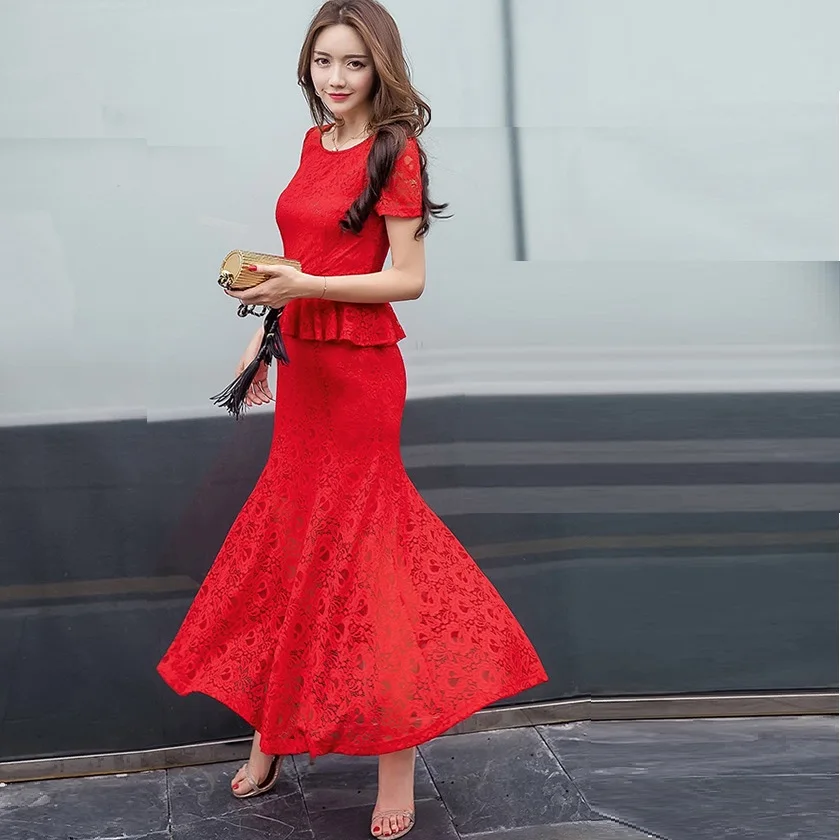 Ropa mujer 2017 verano mujeres elegante largo vestido de encaje trompeta sirena mujer fishtail largo vestido partido vestido túnicas S-4XL 98517