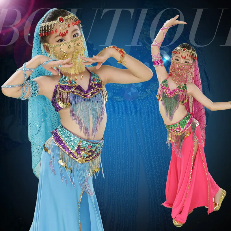 

Girls Belly Dance 3Pcs set green/ orange (bra+skirt+belt) children good Professional bead tassel indian/egypt dance costumes