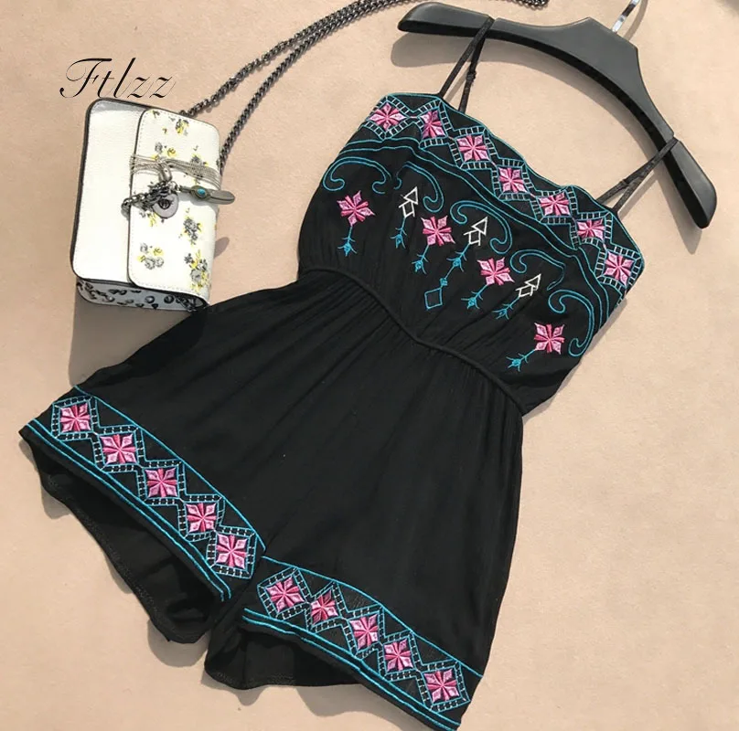 

Women Rompers New 2018 Summer Geometric Pattern Vintage Embroidery Jumpsuits Woman Bohemian Beach Holiday Shorts Playsuits