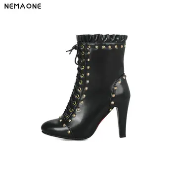 

NEMAONE Women 10cm high heels Ankle Boots Ladies wedding party Boots lace up spring autumn Woman Shoes Plus Size 43