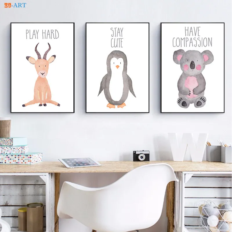 Cartoon Canvas Painting Nursery Art Penguin Antelope Koala Pritns Cartoon Canvas Painting Nursery Art