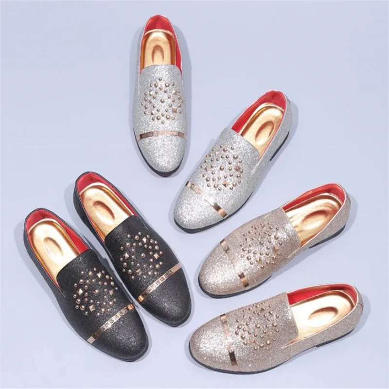Luxury Men Silver Black Diamond Spiked Loafers Rivets Slippers Red Bottom Wedding Party Shoes Stylish men driving flats