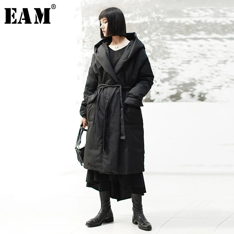 

[EAM]2019 New Spring Hooded Long Sleeve Blak Loose Waist Bandage Long Thick Cotton-padded Coat Women Parkas Fashion JK102