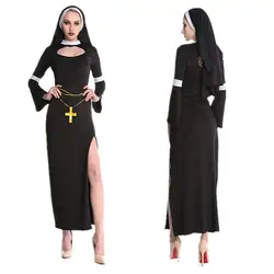 Косплей Костюм Монахини женское черное платье/шляпа крест костюм священника Хэллоуин Дьявол призрак вампир карнавал Пурим костюм для