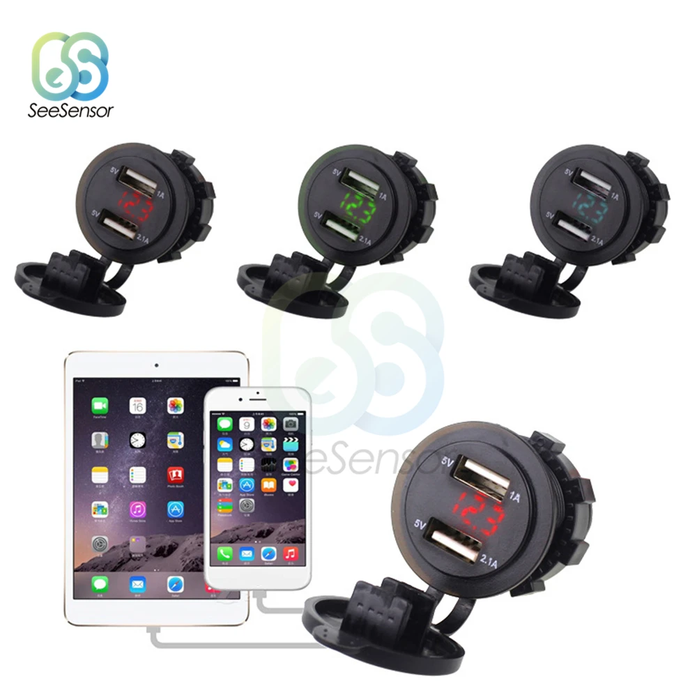 

Dual USB Socket Car Charger Adapter with LED Digital Voltmeter For Phone Pad Tablet Boat Motorcycle 5V 1A/2.1A