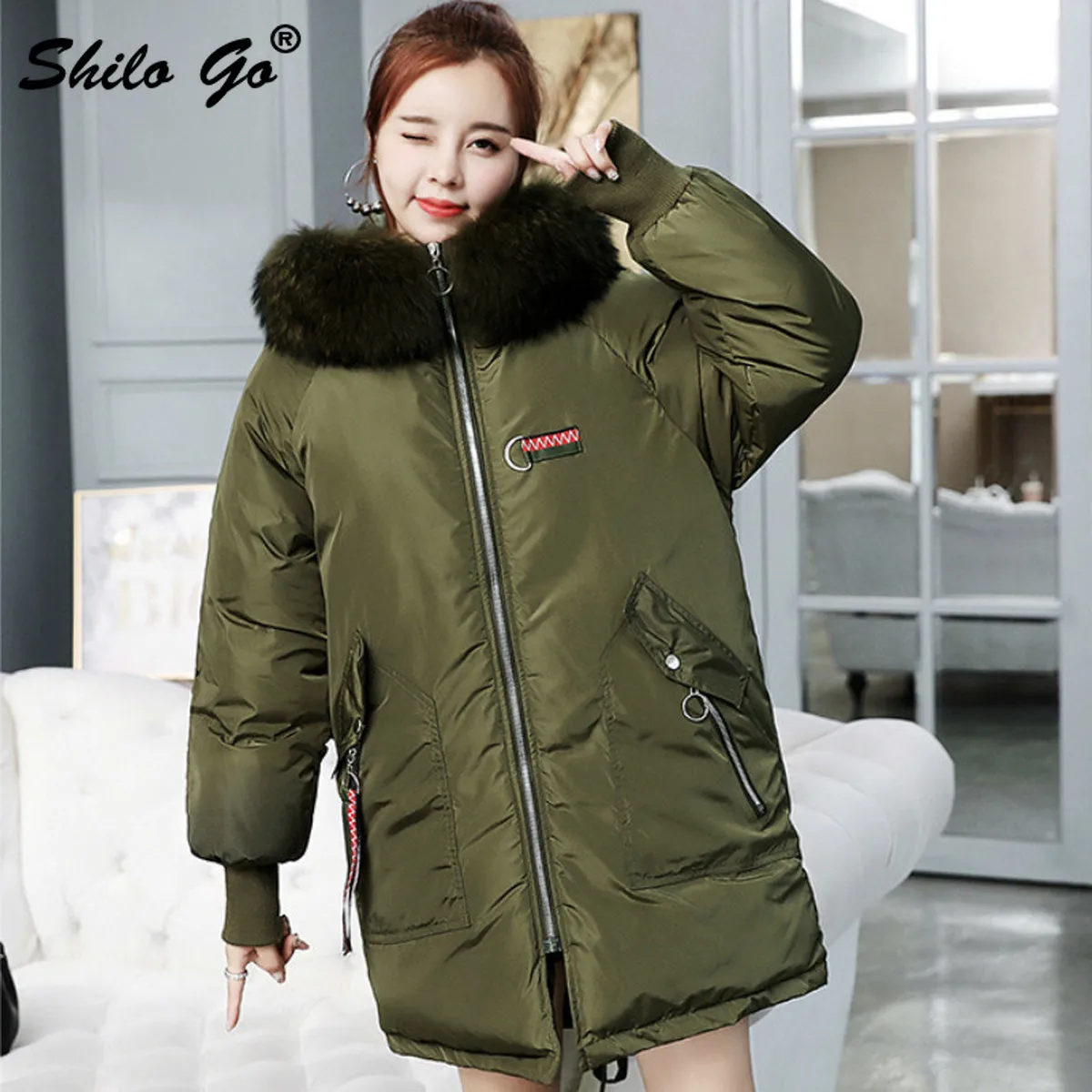 Donna Inverno Giù Cotone Outwear Jacket Pelliccia con cappuccio caldo lungo cappotto parka