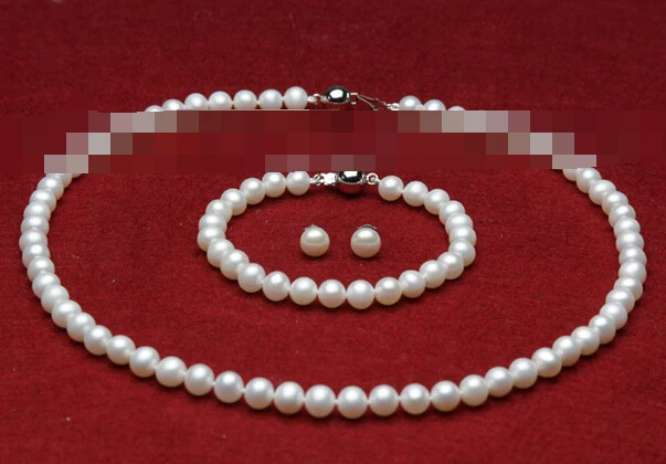 

charm Jew.656 AAA sets 7-8mm white fresh water pearls necklace bracelets earrings