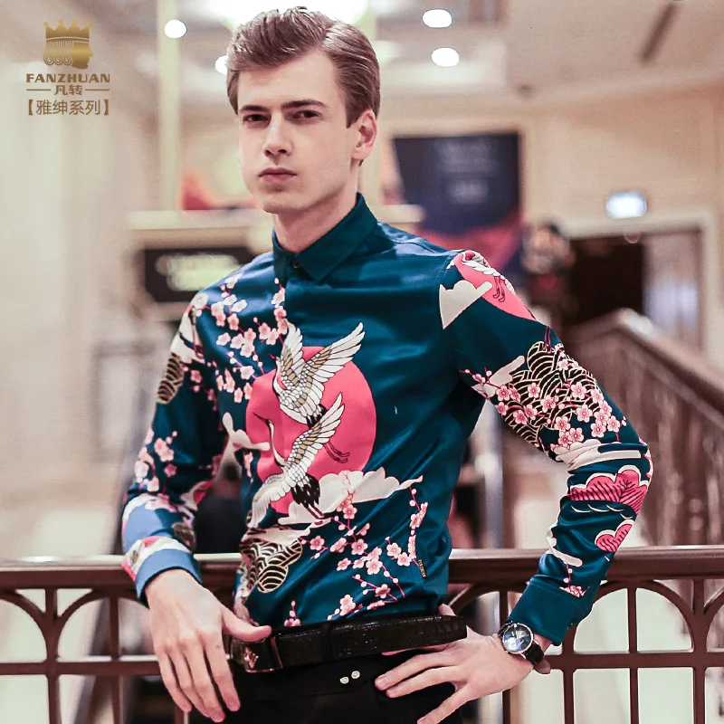 

FanZhuan Free Shipping New men's man fashion 2017 casual male long sleeved personality Crane printing collar shirt 712011 blouse