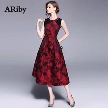 Women Dress 2019 Spring/Summer New Red Long Maxi Dress High-end Embroidered Floral Patchwork Sleeveless O-Collar A-Line Dress
