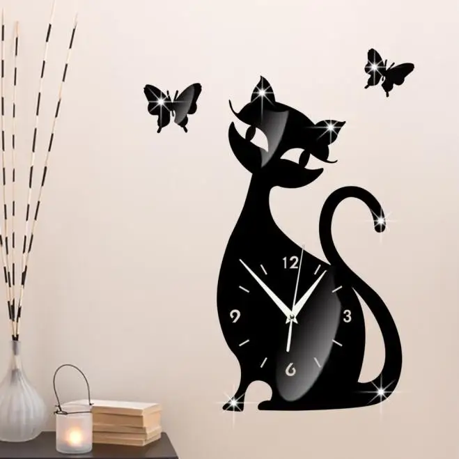 Зеркальные черные настенные часы с изображением бабочки и милого кота, современный дизайн, настенные часы-наклейка для домашнего декора, настенные декоративные часы 9J18