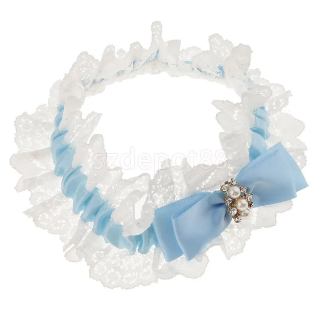 Wedding Bridal Lace Garter Pearls Rhinestone Satin Bow Thigh Ring Keepsake &Toss White and Blue