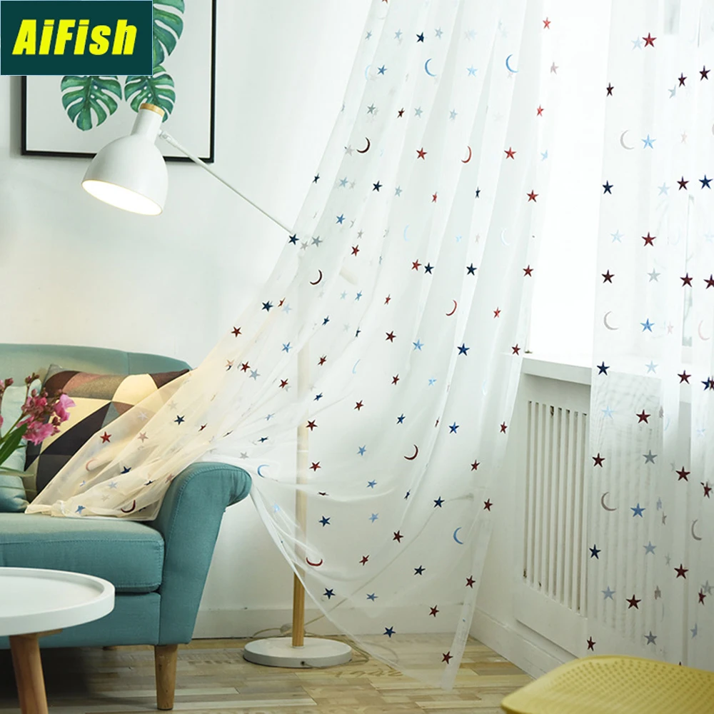 

Modern Colorful Embroidered Stars Moons Sheer Curtains for Kids Nursery Room White Window Voile Curtain Tulle for Balcony TM0313