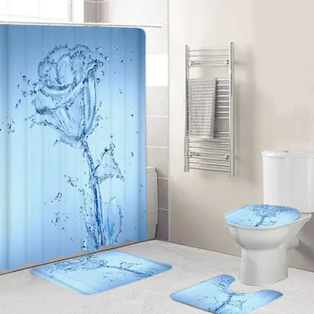 

3D Water Flower Waterproof Bathroom Shower Curtain Toilet Cover Mat Non-Slip Floor Mat Rug Toilet Seat Mat Floor Mat Rug Set