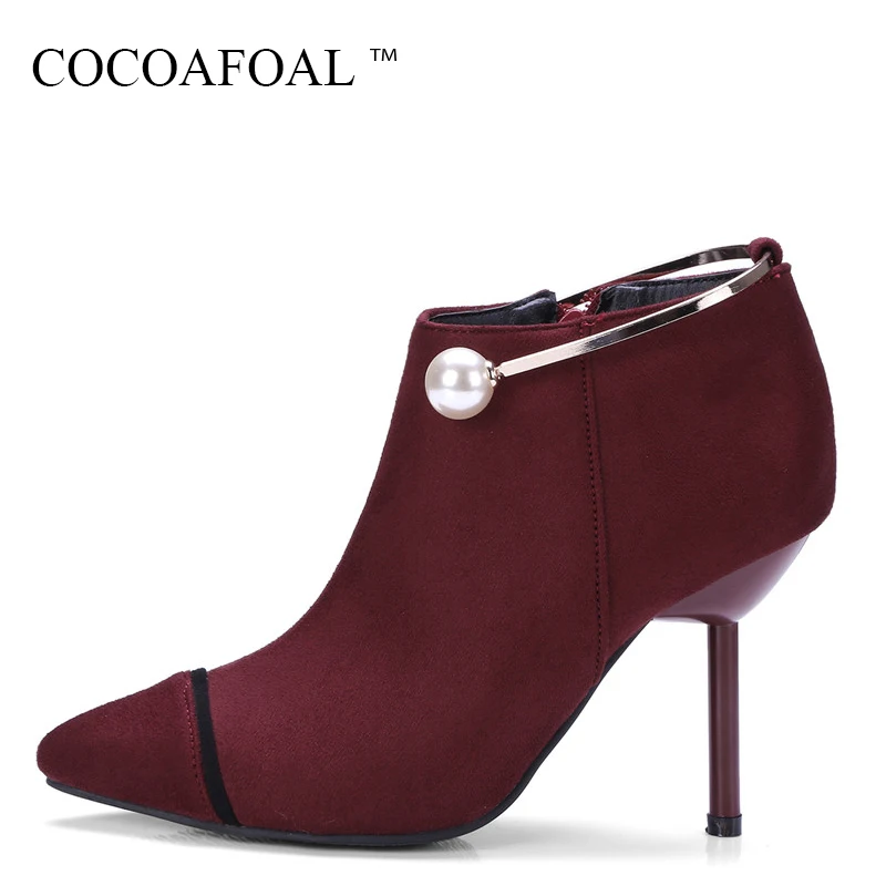 

COCOAFOAL Fashion Sexy Woman High Heels Martin Boots Plus Size 33 43 Winter Zipper Ankle Boots Black String Bead Chelsea Boots