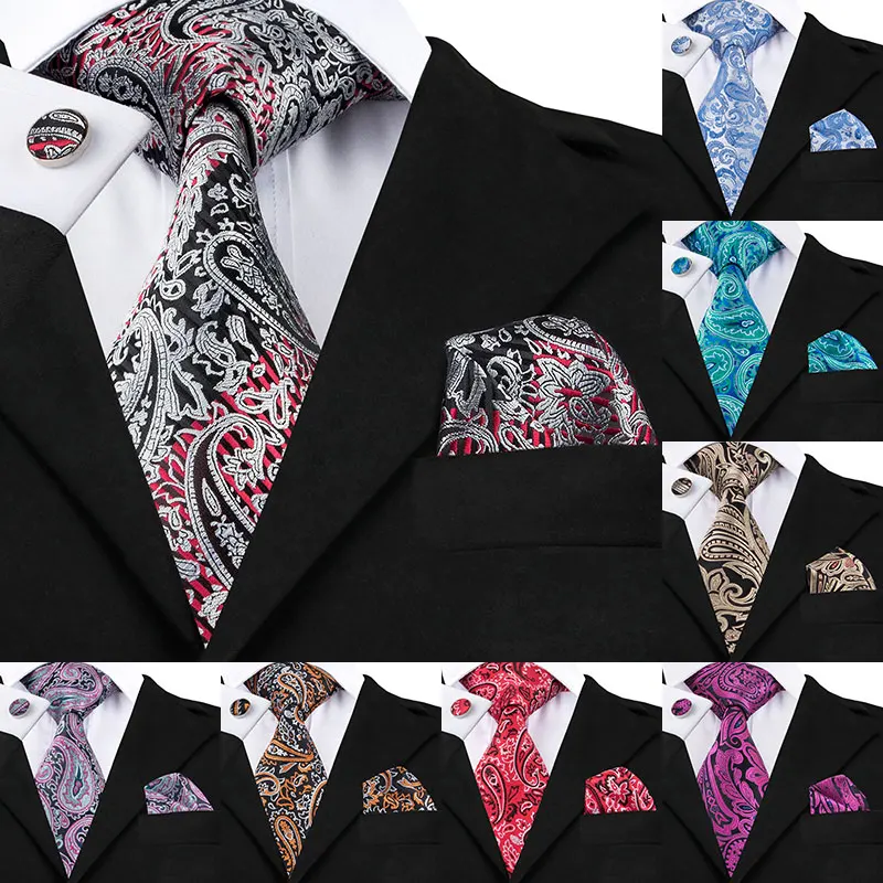 SN-359 Lightgrey Red Black Paisley Tie Hanky Cufflinks Sets Men