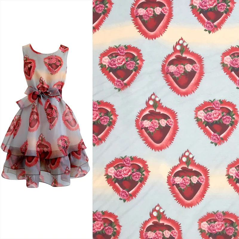 

145cm Width The Red Sacred Heart Rose Flowers Polyester Organza Crisp Transparent Fabric for Woman Ball Gown Dresses DIY-AF966