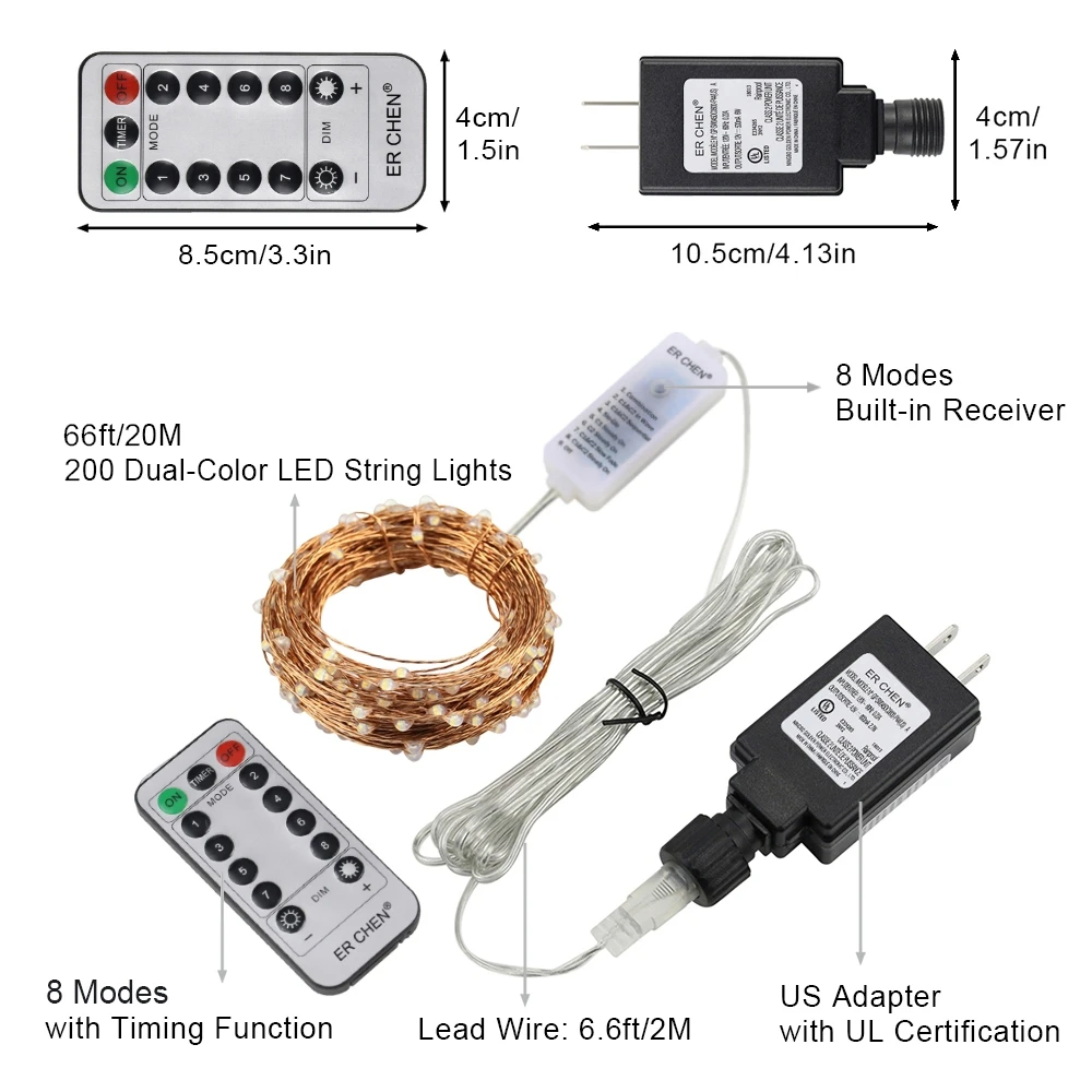 Двойной Цвет светодиодный гирлянды 100/200/300/500 светодиодный Медь и серебристая проволока теплое белое с желтым Цвет пульт дистанционного управления+ США штекер Адаптер