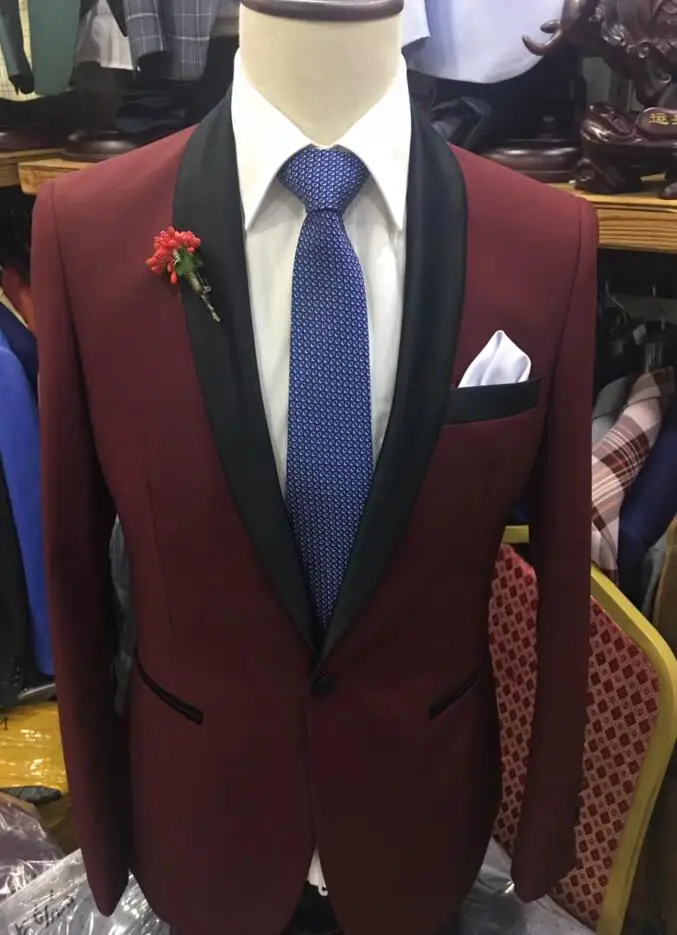 Бренд черный шаль лацкане Slim Fit мужские костюмы для свадьбы красный серый Жених Смокинги Белые мужские костюмы с брюками шт. 2 шт. куртка - Цвет: Бургундия