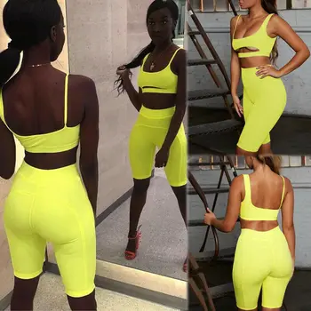 

New Summer Women Ladies Fashion Casual Summer Clothing Set Bodycon Slim Solid Tank Top And Shorts Gym Sports Outfit