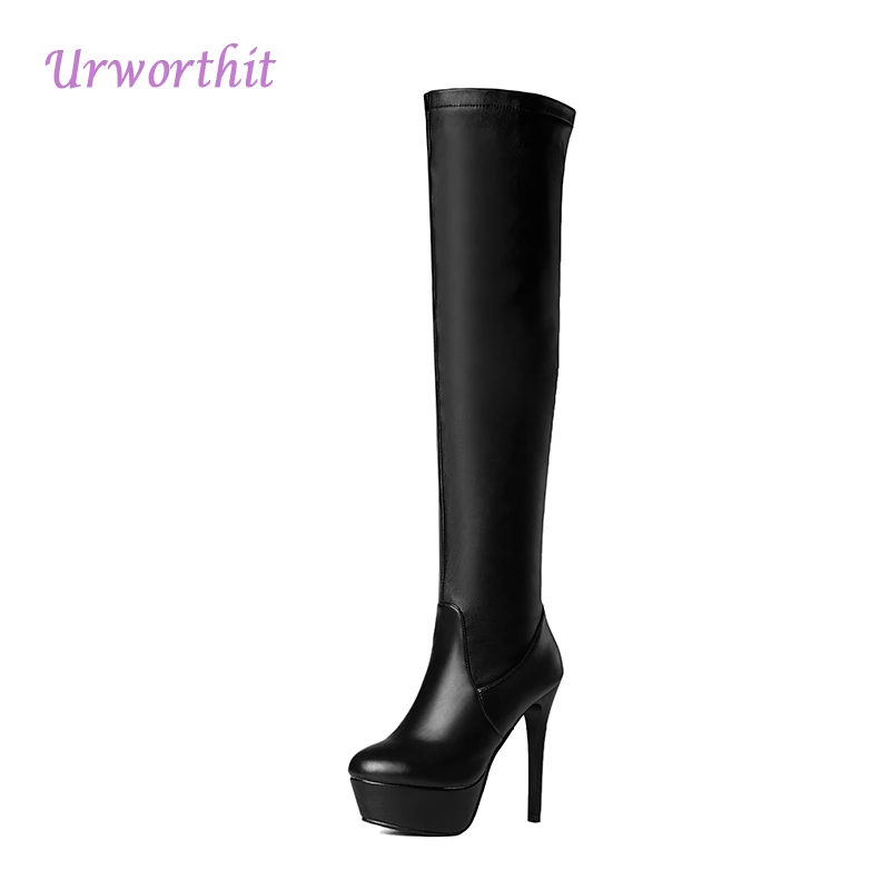 

2018 Winter Woman Sexy Platform Black Thigh High Heel Boots Warm Fur Over The Knee Soft Leather Designer Long Snow Boots Shoes