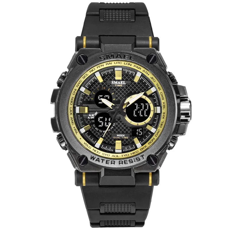 Спортивные мужские часы светодиодный 50 м водонепроницаемые цифровые многофункциональные кварцевые наручные часы для мужчин SMAEL 1709 модные s shock секундомер - Цвет: Blackgold