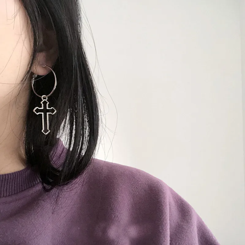 

Bijoux Silver Cross Statement Earrings for Women Vintage Fashion Jewelry Big Round Hoop Earrings Punk Oorbellen Female Gift
