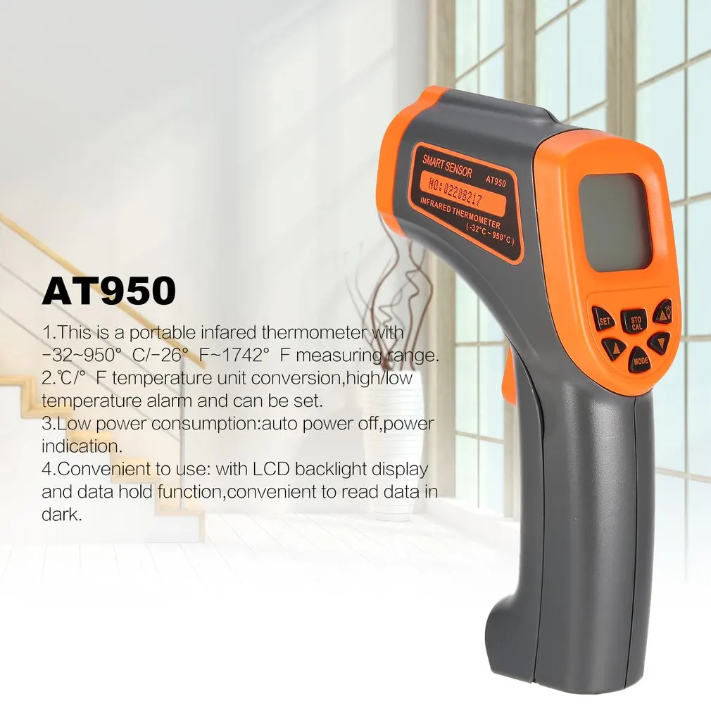 

Digital LCD Handheld Infrared Thermometer Smart Sensor AT950 Temperature Meter Tester Red Laser Non Contact IR Pyrometer Gun