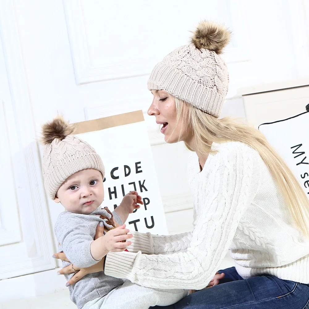 5 colors Parent Child Hat Winter Caps Mom And Baby Hat with Pompon Warm Raccoon Fur Bobble