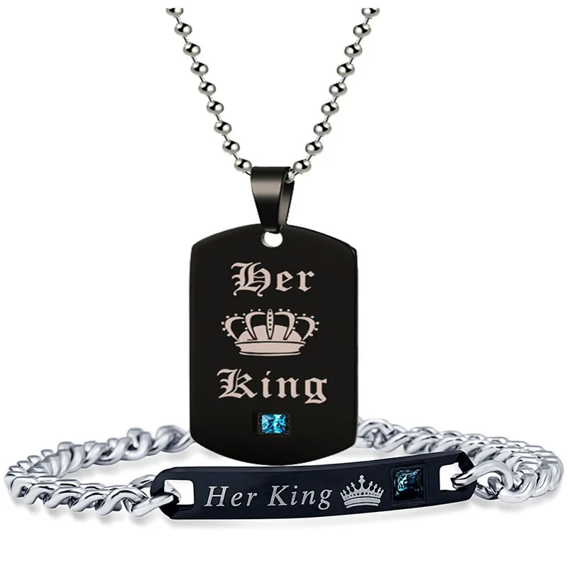 Black Necklaces & Pendants Her King And His Queen Couple Necklace Stainless Steel Pink Blue Crystal Couple Bracelet Necklace Set